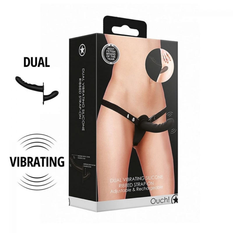 ADJUSTABLE DUAL VIBRATING RIBBED STRAP-ON