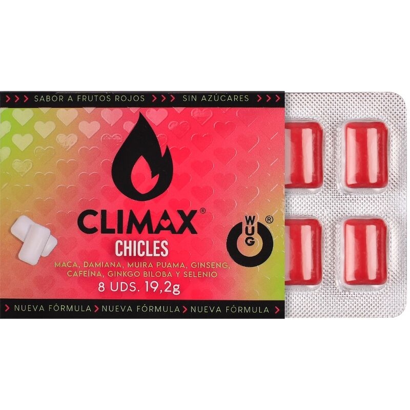 Alternative view of WUG Climax - Functional chewing gum with Maca, Damiana and Ginseng to enhance desire and intimate vitality. BLISTER 8 UNITS