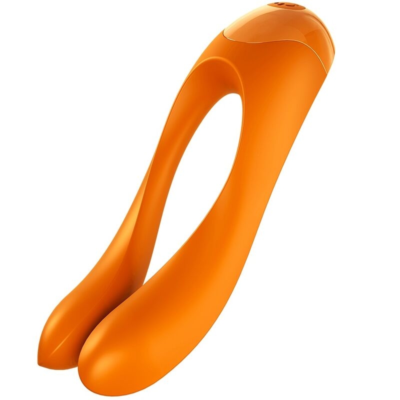 Orange double-ended sex toy with curved handles, designed for dual stimulation.