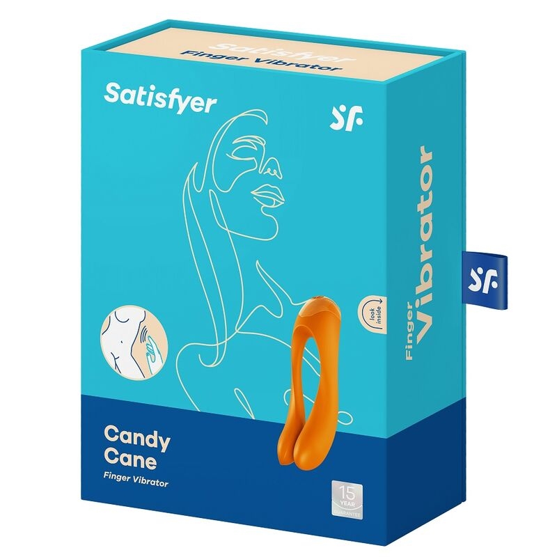 Satisfyer Candy Cane finger vibrator in blue packaging with an orange curved device on the front.