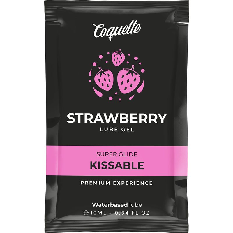Black lube gel pouch with pink band reading 'Kissable' and 'Strawberry' branding for Coquette strawberry lubricant