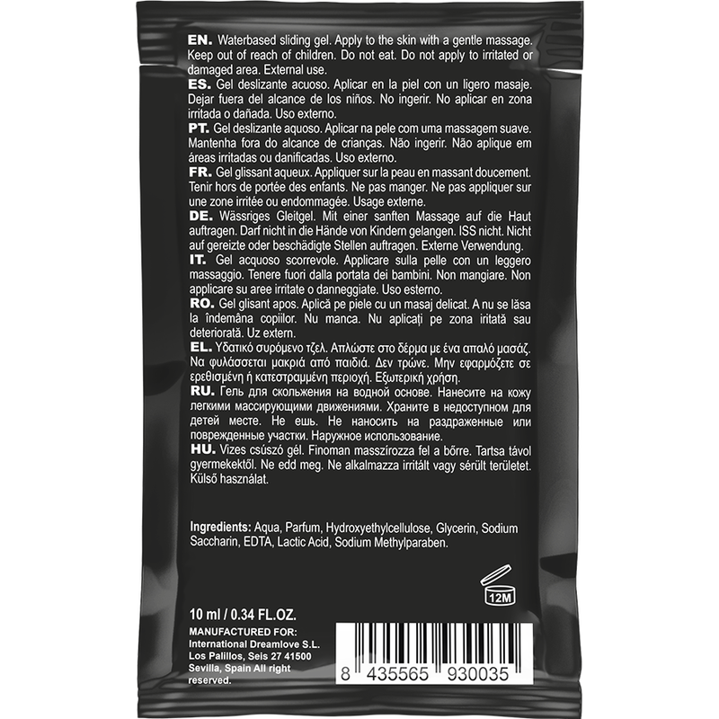 Back of a black sachet with multilingual usage instructions, ingredients list, 10 ml volume, a barcode, and a 12M/open jar symbol.