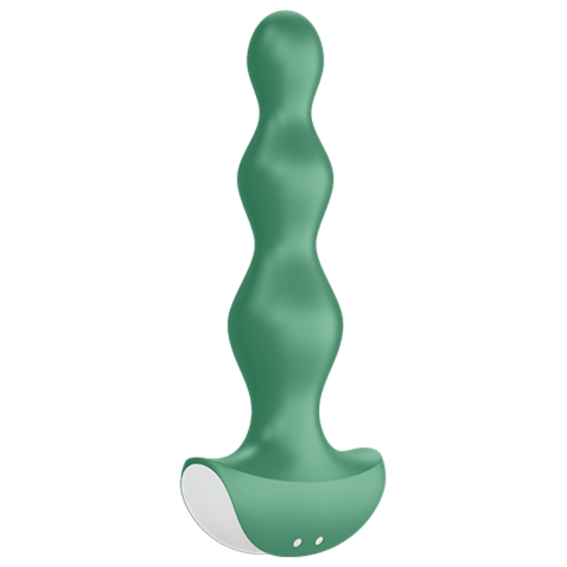 Green silicone vibrator with a curved, segmented shaft and flared base.