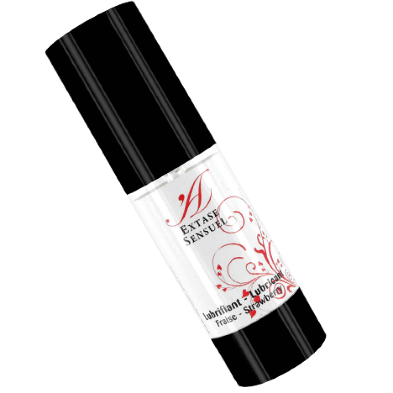 Diagonal view of a small lubricant bottle with black caps and a white label showing red decorative text and 'framboise' flavor (strawberry).
