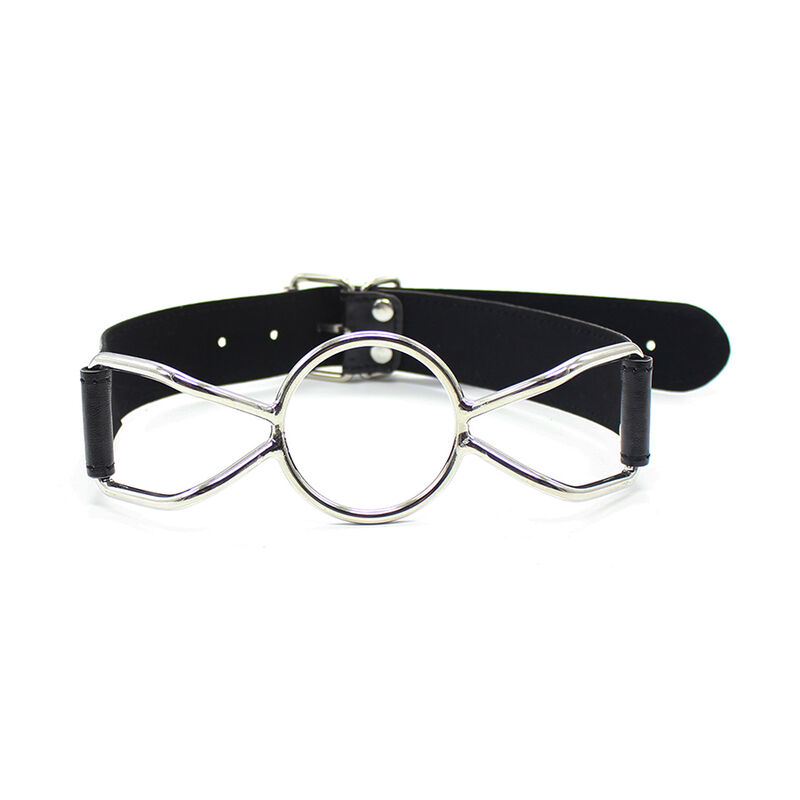 Black leather choker with a large silver circular ring in the center and curved metal side pieces.