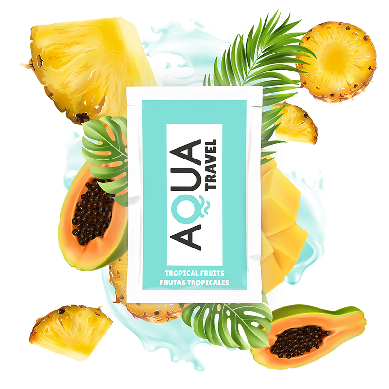 Product image of Aqua Travel Tropical Fruits packet surrounded by tropical fruits like pineapple, papaya, and mango with green leaves and splash accents.