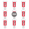 Nine identical white toothpaste tubes with red labels arranged in a 3x3 grid, center circle reads FREE.