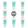 Nine white travel toothpaste tubes with turquoise labels arranged in a 3x3 grid, center circle says FREE.