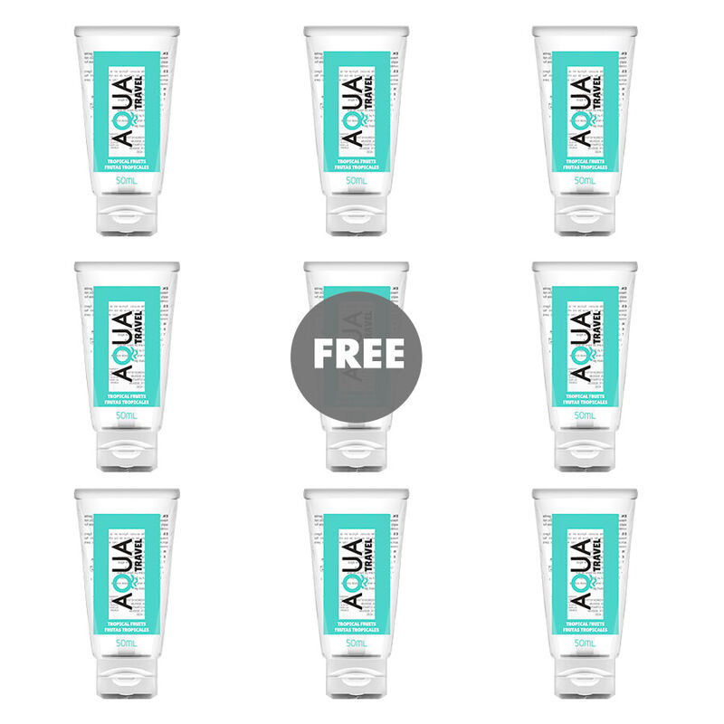 Nine white travel toothpaste tubes with turquoise labels arranged in a 3x3 grid, center circle says FREE.