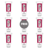 Nine white travel-size bottles with pink labels arranged in a 3x3 grid; center circle reads FREE, indicating a free item offer.
