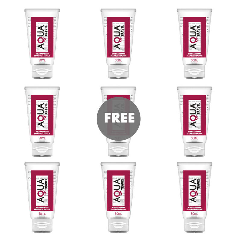 Nine white travel-size bottles with pink labels arranged in a 3x3 grid; center circle reads FREE, indicating a free item offer.