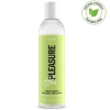 Clear bottle of aloe-based intimate lubricant with a bright green label reading 'PLEASURE Aloe' and a paraben-free stamp.