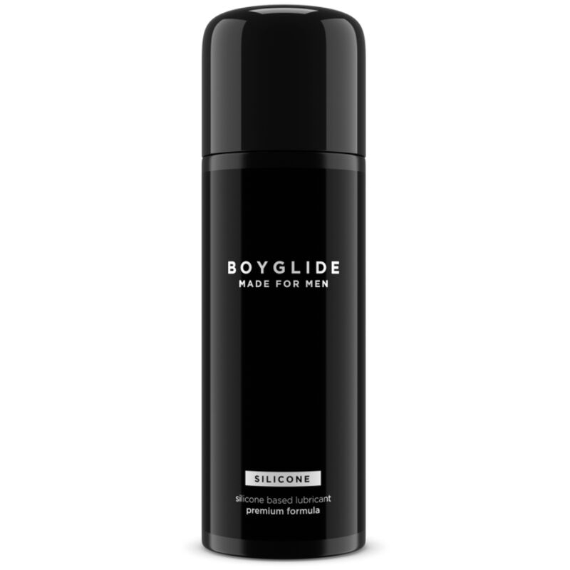Black cylindrical bottle of Boyglide silicone-based lubricant for men, premium formula label visible