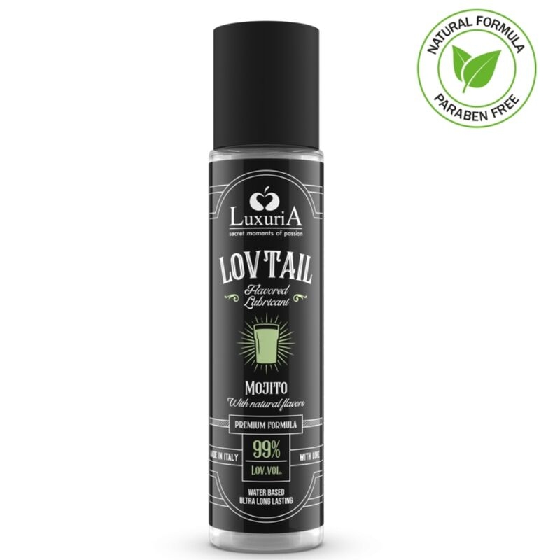 Bottle of LuxuriA LovTail Mojito flavored lubricant with a black label and cap, featuring a green logo and a 'Natural Formula, Paraben Free' seal visible