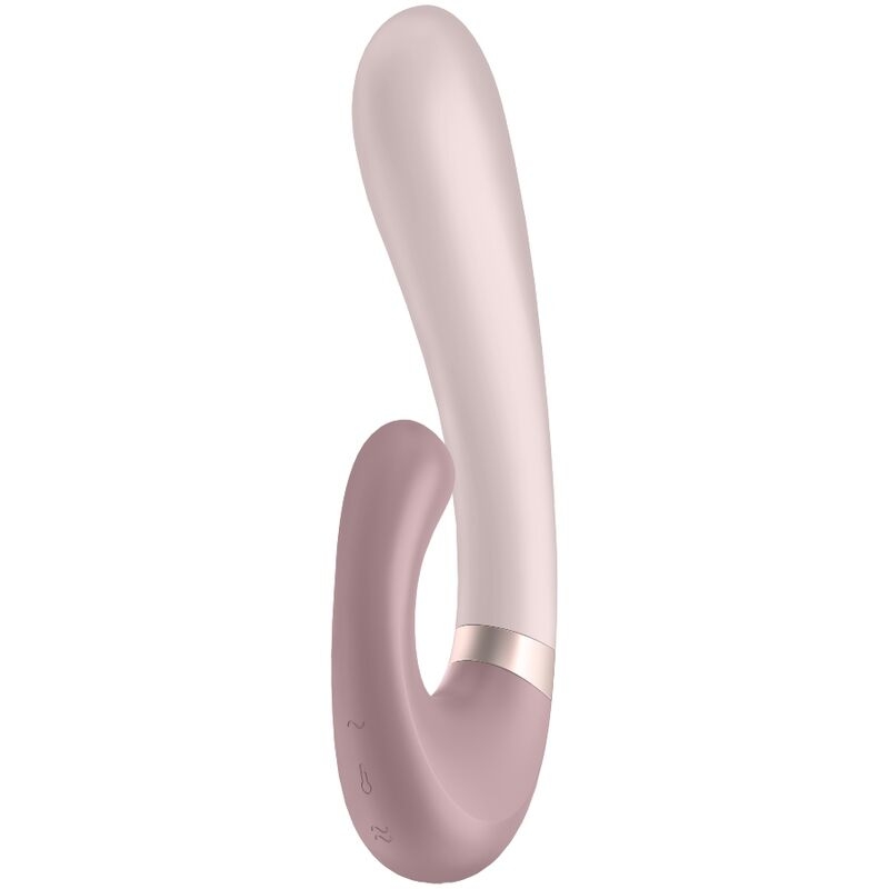 Pink curved vibrator with a loop handle and gold band, shown in soft pink color.