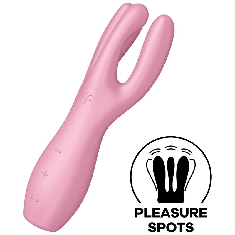 Pink silicone vibrator with a two-prong tip and control buttons on the handle, designed for intimate pleasure (adult toy).