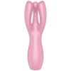 Pink silicone vibrator with a three-pronged tip and curved shaft.