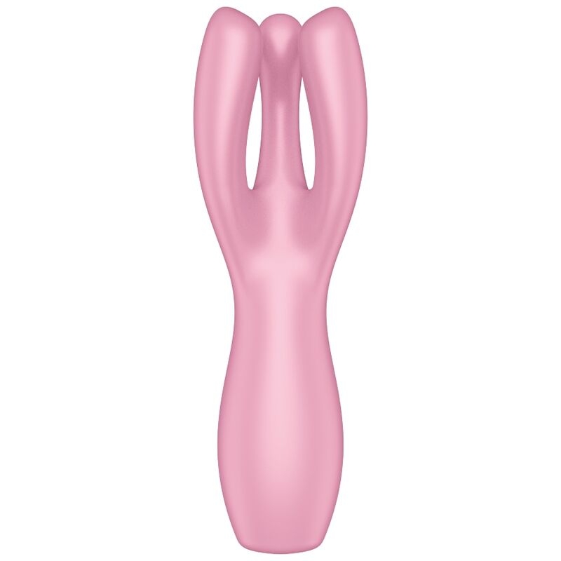 Pink silicone vibrator with a three-pronged tip and curved shaft.