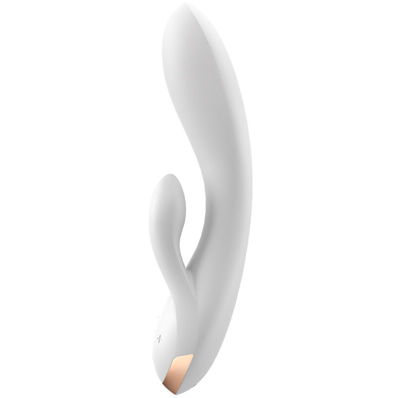 White curved sex toy with dual shafts, a smaller arm, and a rose-gold base accent.