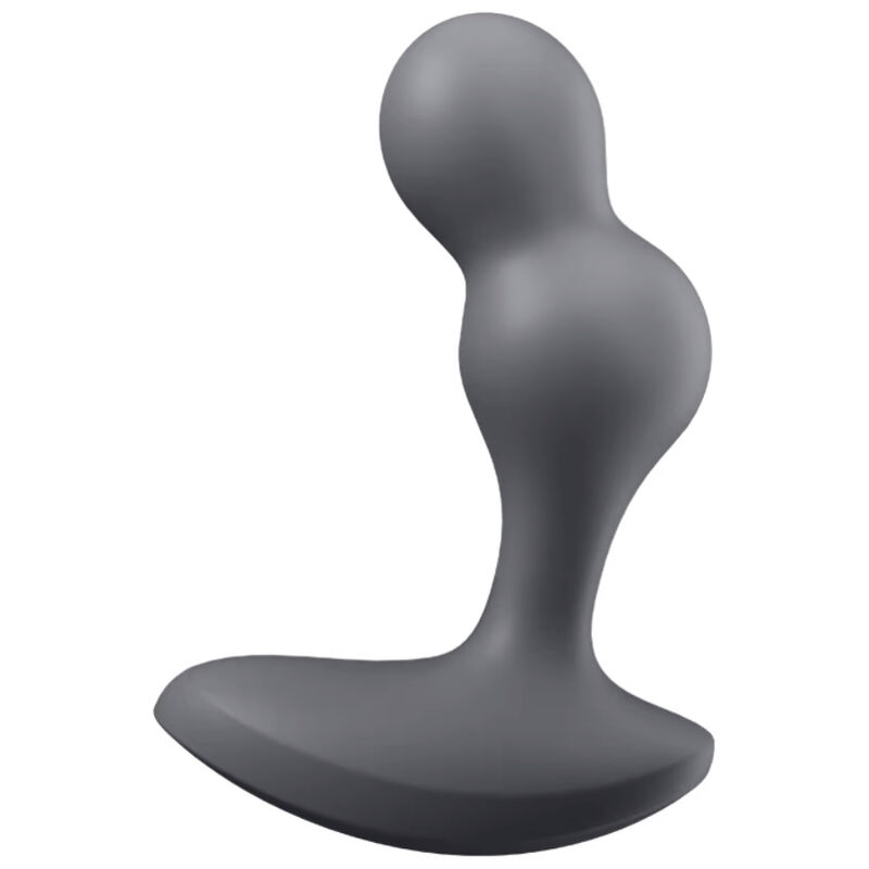 Gray silicone butt plug with rounded head and flared base, shown in profile as a sex toy.