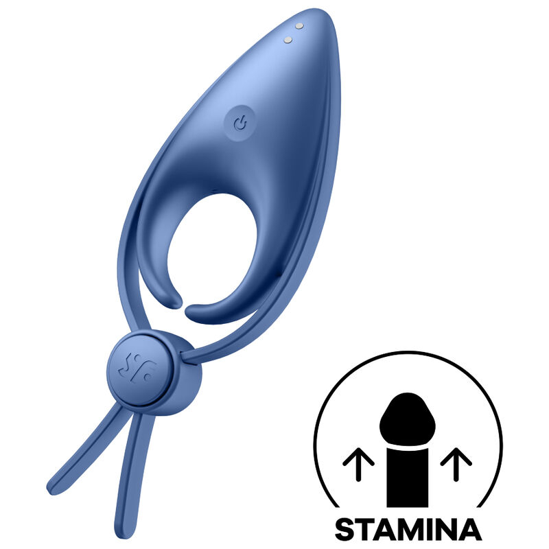 Blue wearable sex toy with a looped strap and circular control; stamina graphic in the bottom-right corner.