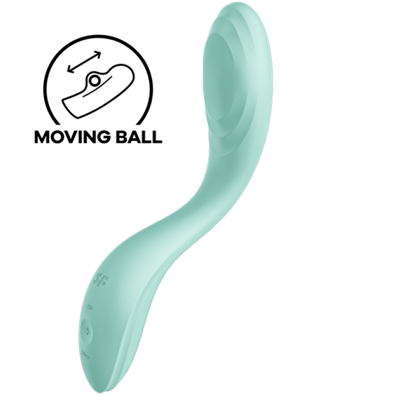 Mint-green curved handheld vibrator with a rounded tip; indicates a moving-ball feature via an icon on the side
