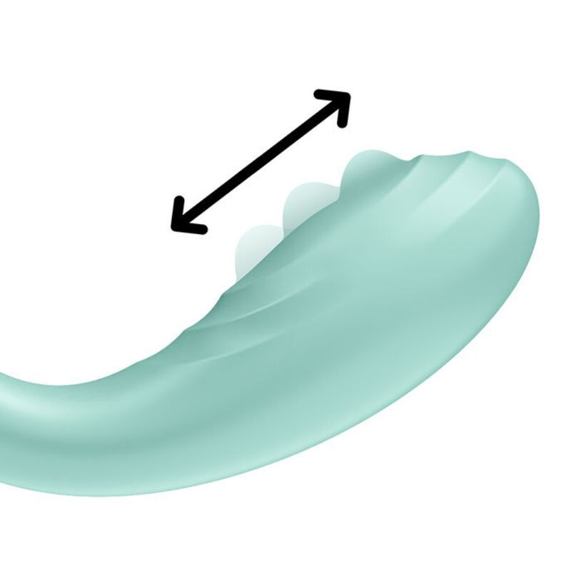 Mint-green curved object with a diagonal double-headed measuring arrow indicating length or size.