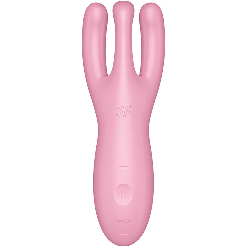 Pink rabbit-style sex toy vibrator with two prongs and a central shaft, featuring a control panel on the handle.
