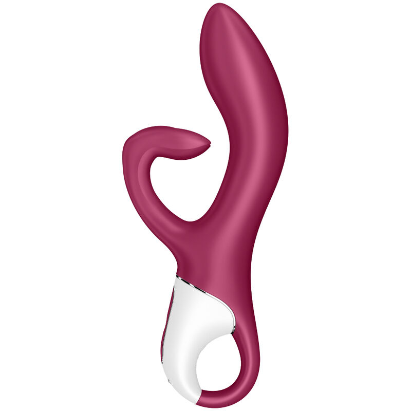 Pink curved sex toy vibrator with a looped handle and white base, made of silicone.