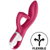 Pink flexible vibrator with looped handle and white control panel, designed for sexual stimulation.