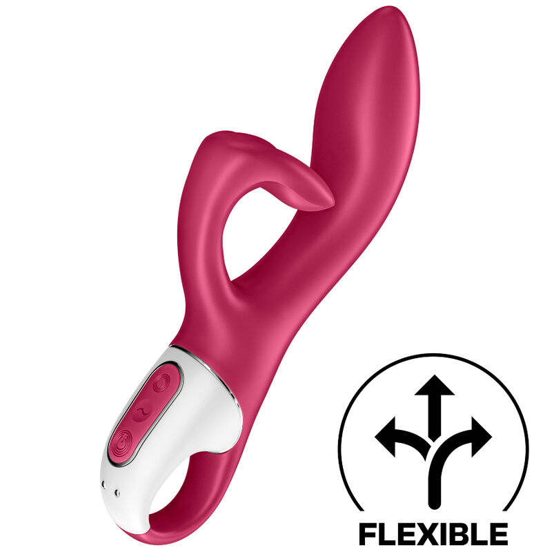 Pink flexible vibrator with looped handle and white control panel, designed for sexual stimulation.