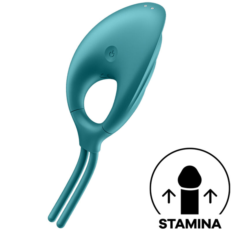 Teal silicone wearable vibrator with a curved body and two prongs, stamina icon shown in the corner.