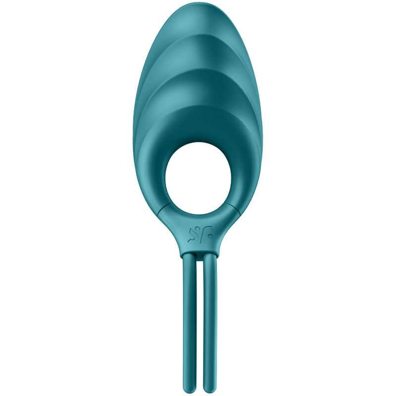 Teal silicone anal plug with a ribbed tapered shaft and a circular ring handle at the base, split by two supporting prongs