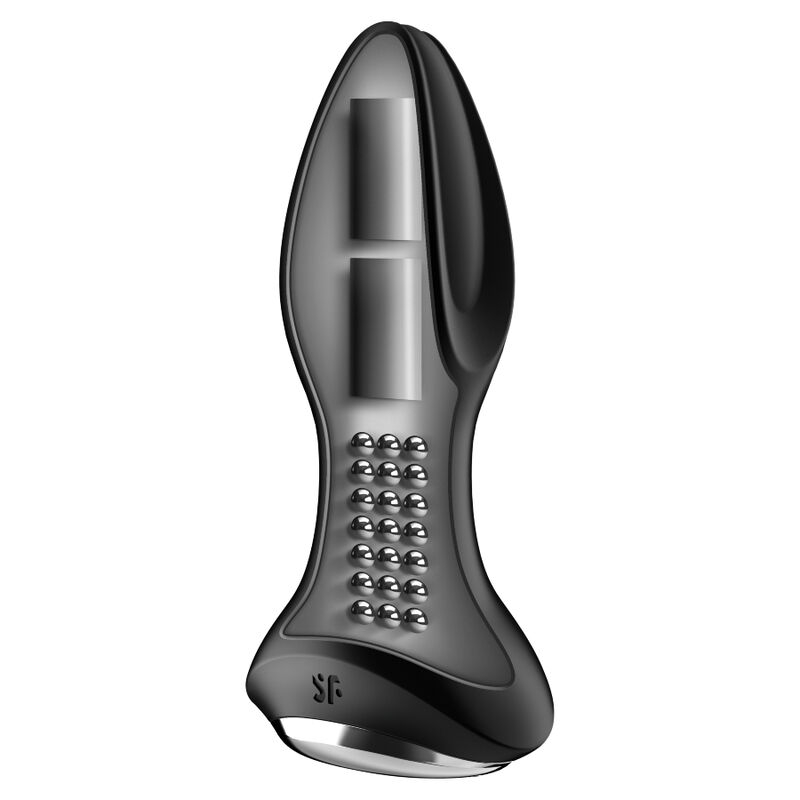 Black curved vibrator with a textured grip and dual raised sections, designed for intimate stimulation.
