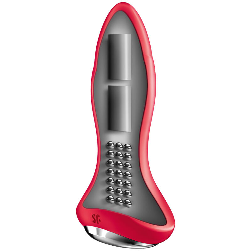 Red and gray adult vibrator with dual motors and a contoured handle for stimulation, featuring a button panel and metallic beads on the shaft side.