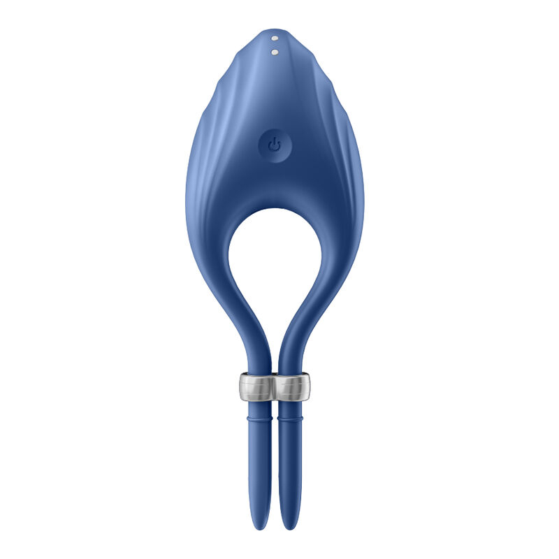Blue silicone sex toy with a curved leaf shape, loop handle, and two-prong base at the bottom.