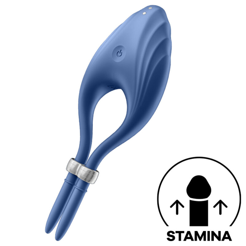 Blue curved sex toy/vibrator with a dual-prong tip and a metallic ring at the base; stamina pictogram shown bottom-right.