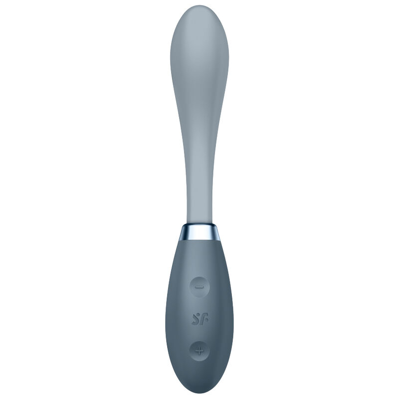 Curved silicone vibrator with a tapered shaft and a handle featuring plus and minus controls.