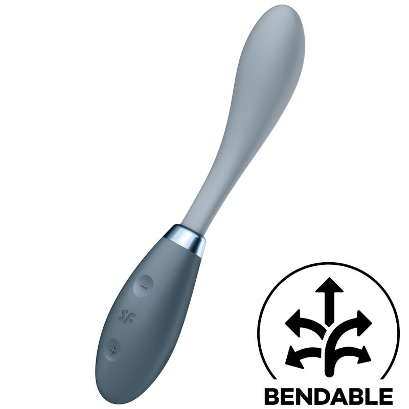 Grey bendable vibrator with control buttons on the handle (sex toy) and metallic connector at the neck.