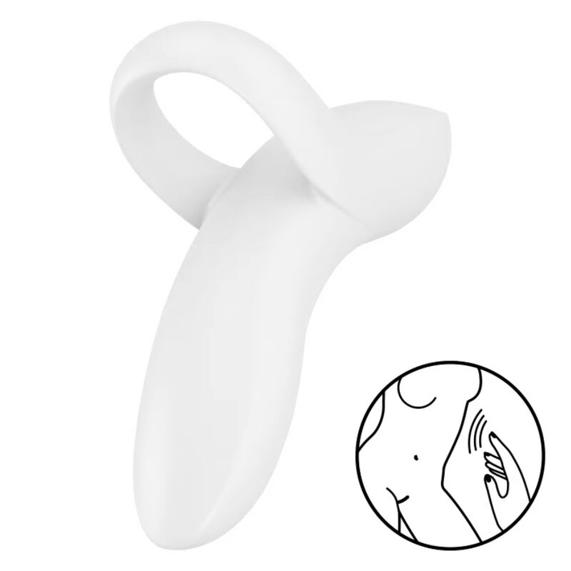 White silicone curved vibrator with a looped handle, designed for internal stimulation (usage illustration inset).