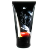 Black cosmetic tube packaging with a red apple graphic at the bottom and white cursive text on a dark label.