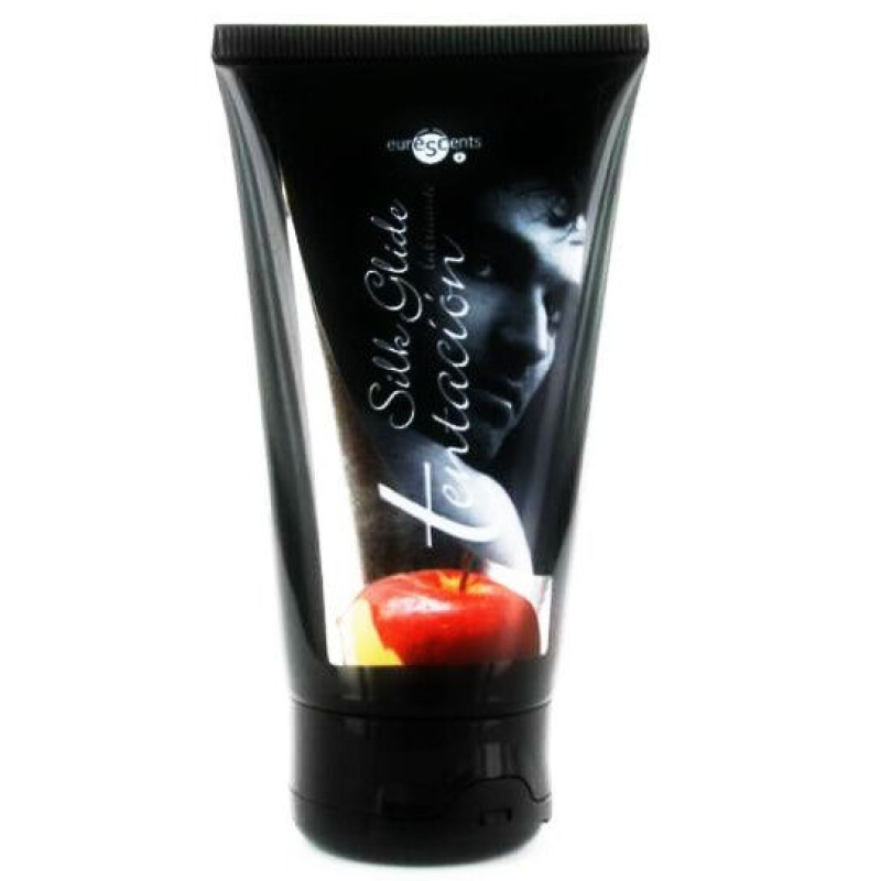 Black cosmetic tube packaging with a red apple graphic at the bottom and white cursive text on a dark label.