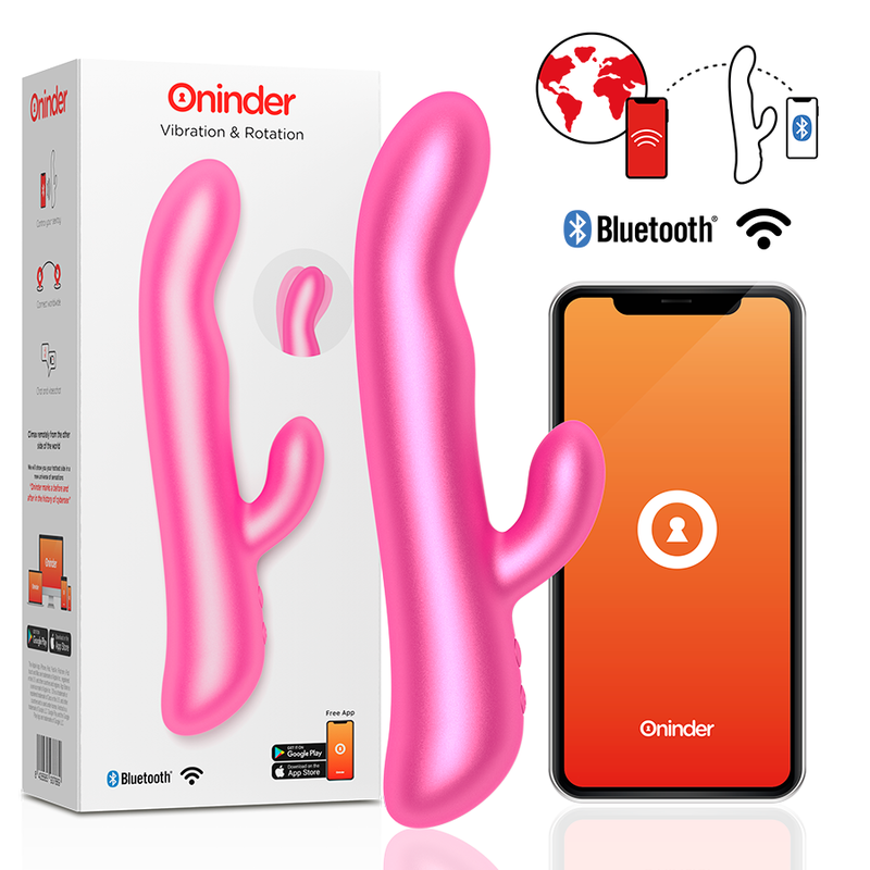 Pink silicone dual-ended sex toy with Bluetooth app control, shown beside its packaging and a smartphone interface.