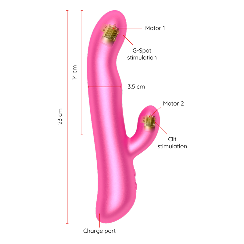 img_130430_338118fb5c173d53b074656eb9c80e2b_1png - Sex Shop | Lodia.gr - 100% Διακριτική Και Παράδοση με courier της επιλογή σας Pink dual-motor vibrator with G-spot and clitoral stimulation; shows dimensions (23 cm total, 14 cm insertable, 3.5 cm diameter) and a charge port.