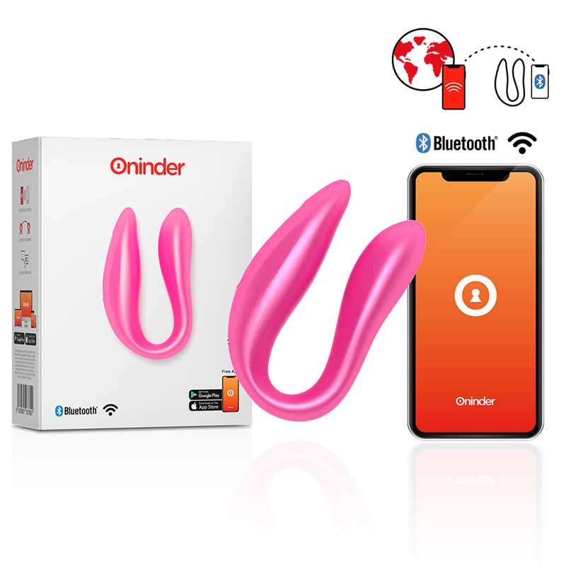 Pink U‑shaped Bluetooth‑connected vibrator with a smartphone app shown beside the product box and device sketching its use.