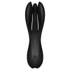 Black three-pronged silicone vibrator with a smooth, curved body, viewed from above.