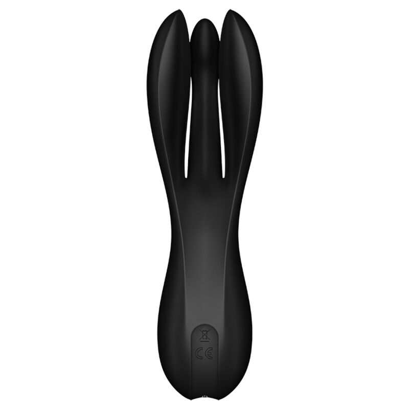 Black three-pronged silicone vibrator with a smooth, curved body, viewed from above.
