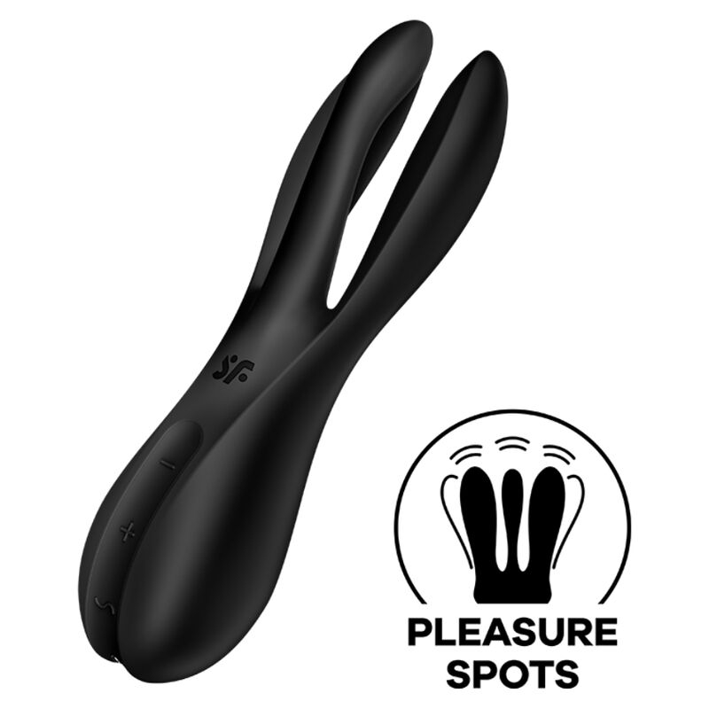 Black dual-prong sex toy with curved twin tips and side controls, brand logo visible against a white background.