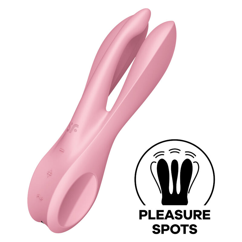 Pink rabbit-style vibrator with two-pronged tips on a white background, positioned beside the Pleasure Spots logo.