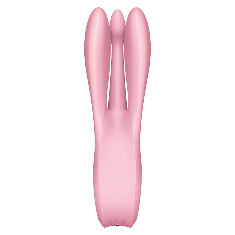 Pink three-pronged silicone vibrator shown from the side on a white background